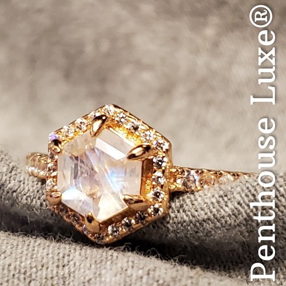 NATURAL Moonstone White Topaz Halo Rose Gold 925 Ring - Picture 3 of 7